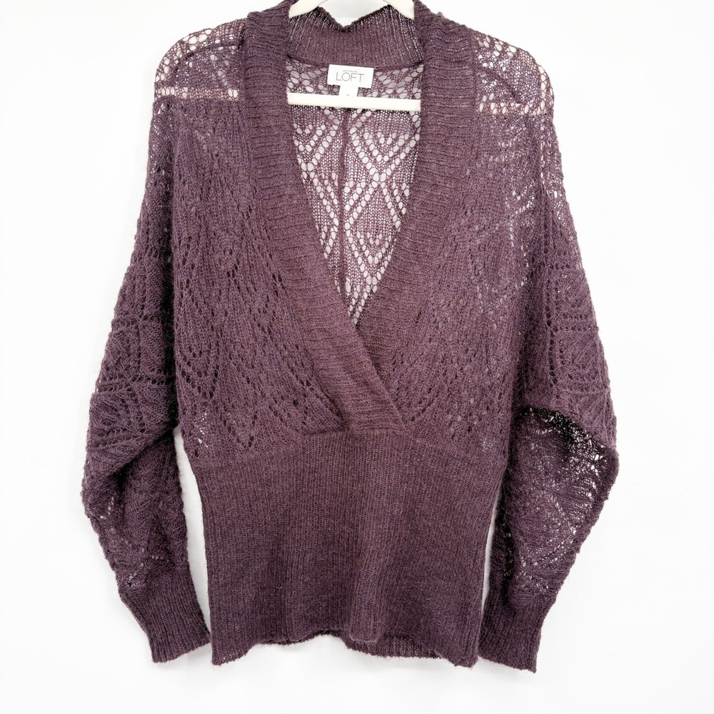 Ann Taylor Loft Womens Y2K Plum Mohair Blend Pointelle Boho Surplice Sweater M